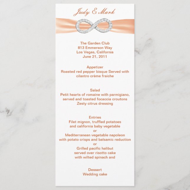 Carte de menu Mariage Orange Diamond Infinity (Devant)