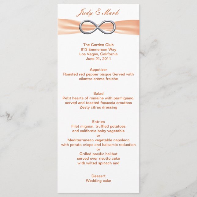 Carte de menu Mariage Orange Infinity (Devant)
