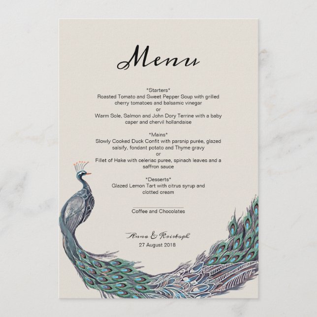 CARTE DE MENU MARIAGE PEACOCK (Devant)