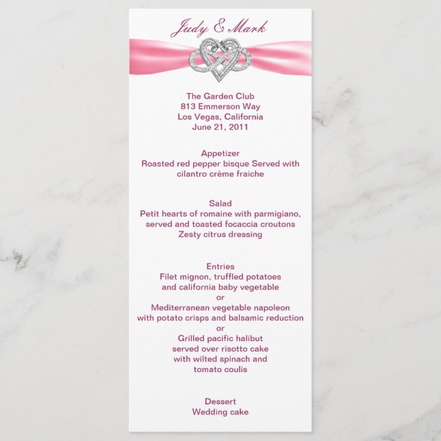 Carte de menu Mariage Pink Infinity Heart (Devant)