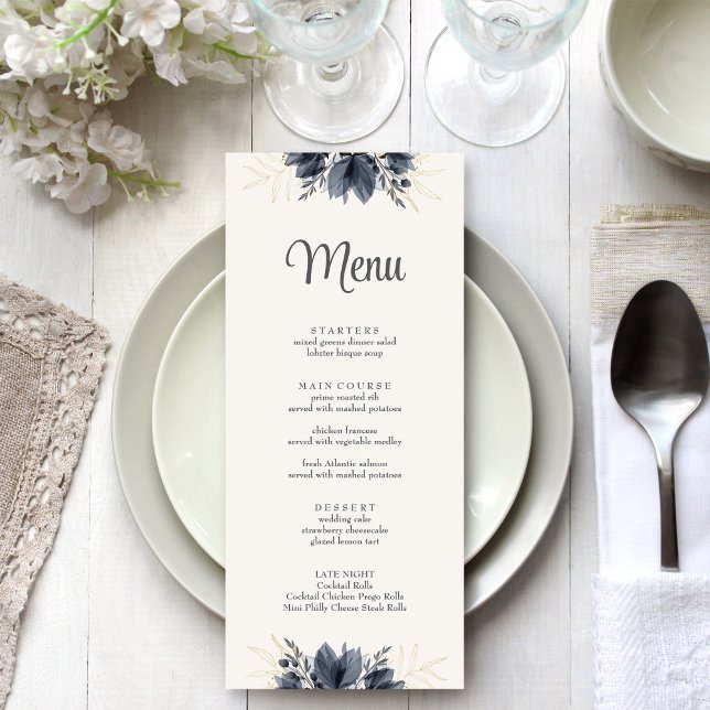 Carte de menu Mariage pour Fleurs sombres douces (Gentle Dark Flowers Wedding Menu Card on a white and silver wedding dinner table.)