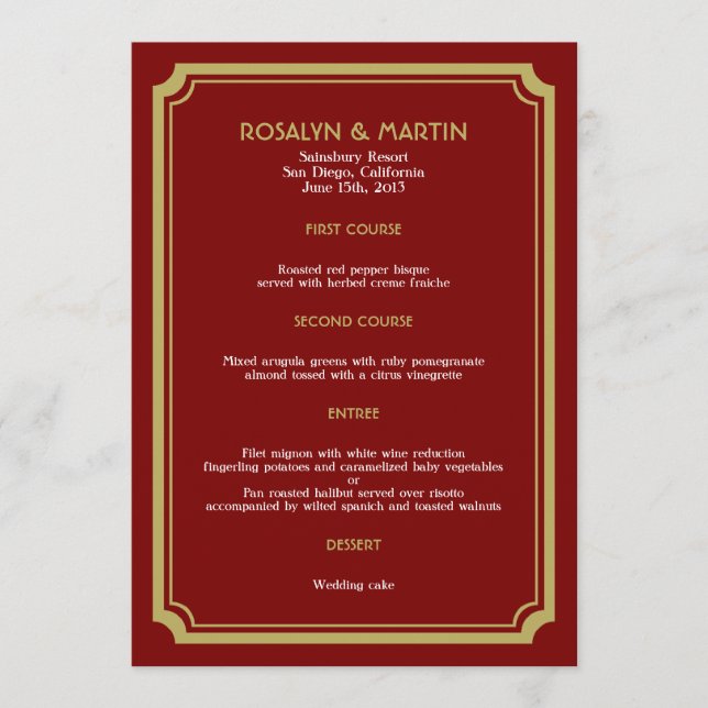 Carte de menu mariage rétro Art déco en velours ro (Devant)