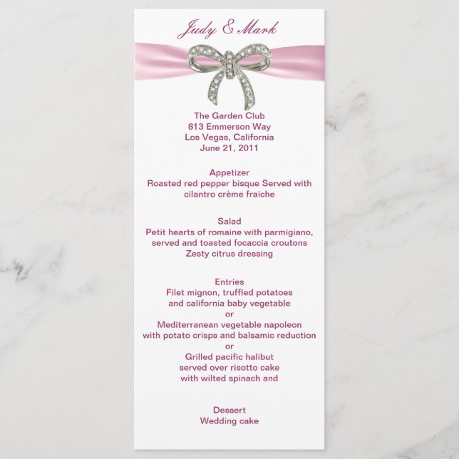 Carte de menu Mariage Rose Diamond Bow (Devant)