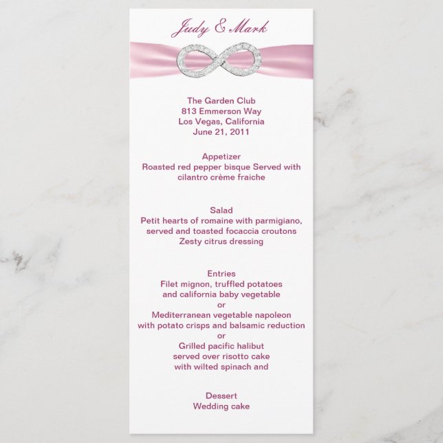 Carte de menu Mariage Rose Diamond Infinity (Devant)