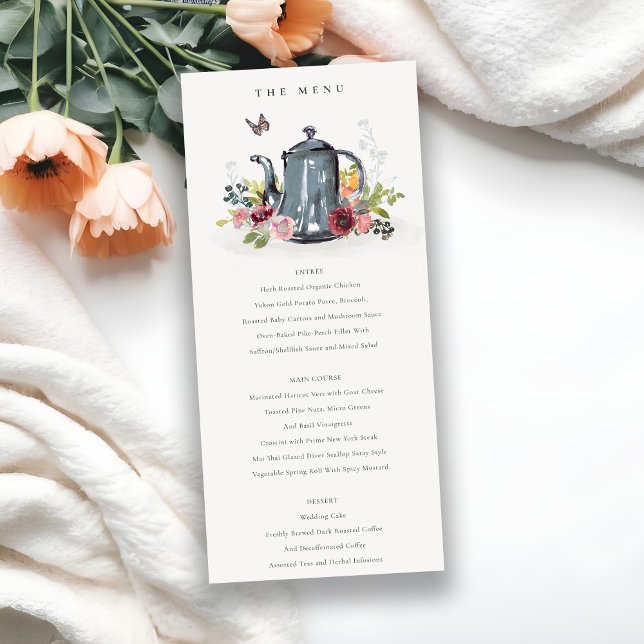 Carte de menu Mariage Rose Floral Teapot  (Créateur téléchargé)