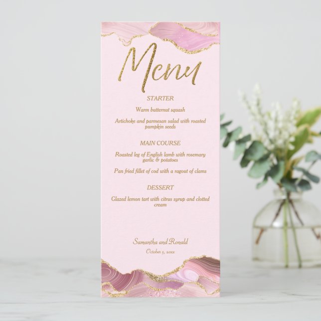 Carte de menu Mariage Rose & Gold Agate (Debout devant)