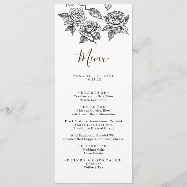 Carte de menu Mariage Rose Pencil Art Floral (Devant)