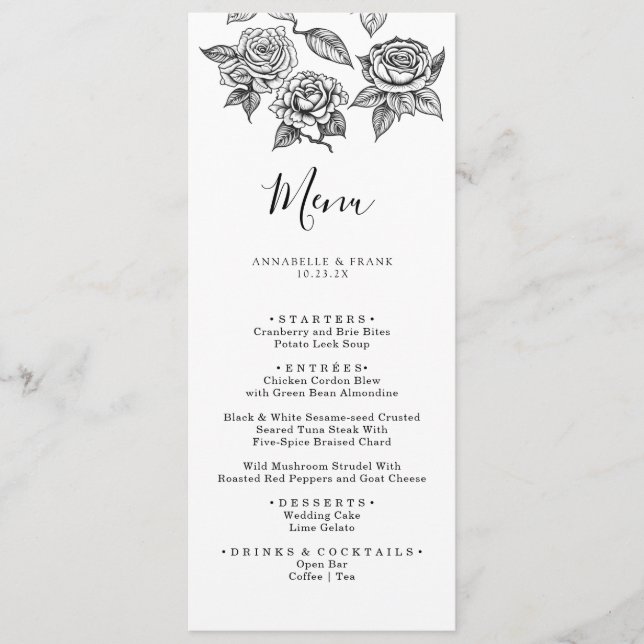 Carte de menu Mariage Rose Pencil Art Floral (Devant)