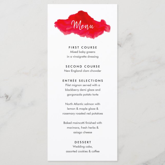 Carte de menu Mariage rouge couleur aquarelle roma (Devant)