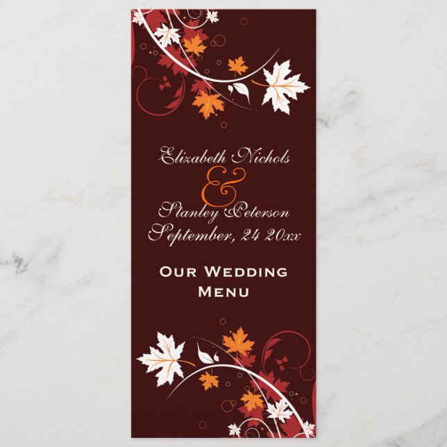 Carte de menu mariage rouge orange (Devant)