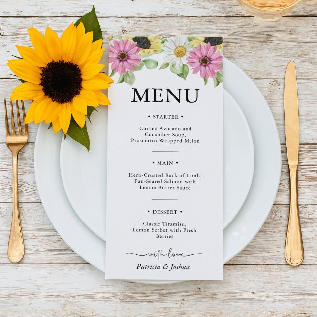 Carte de menu Mariage Rustic Sunflower Watercolor (Créateur téléchargé)
