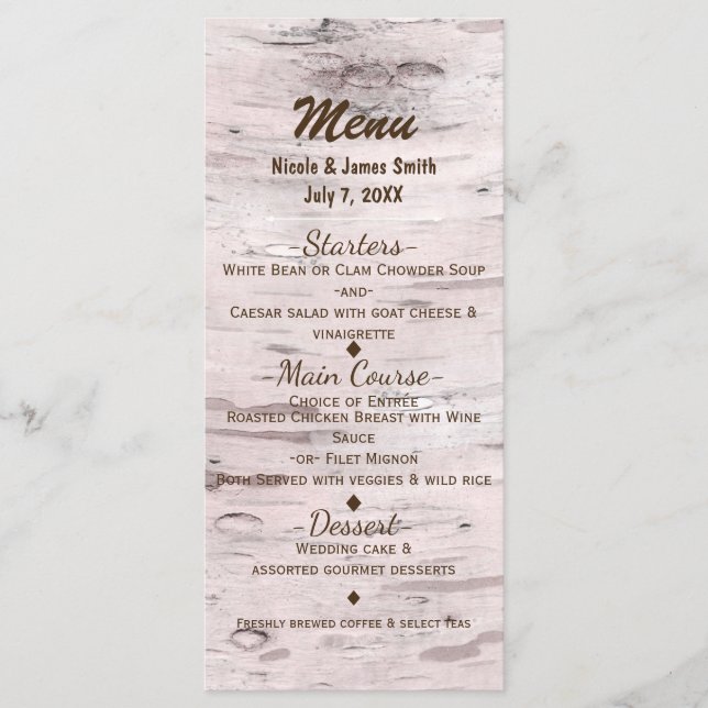 Carte de menu Mariage rustique Birch Tree & Heart (Devant)