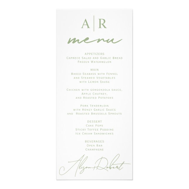 Carte de menu mariage Sage green script de calligr (Devant)