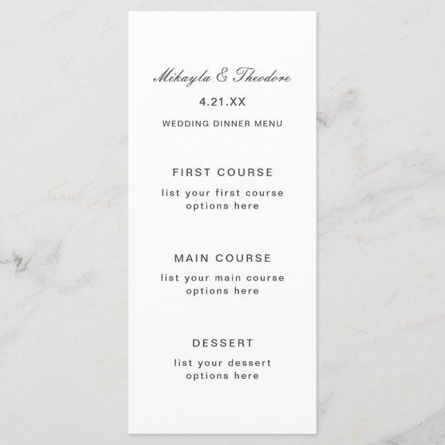 Carte de menu mariage simple et élégante (Devant)
