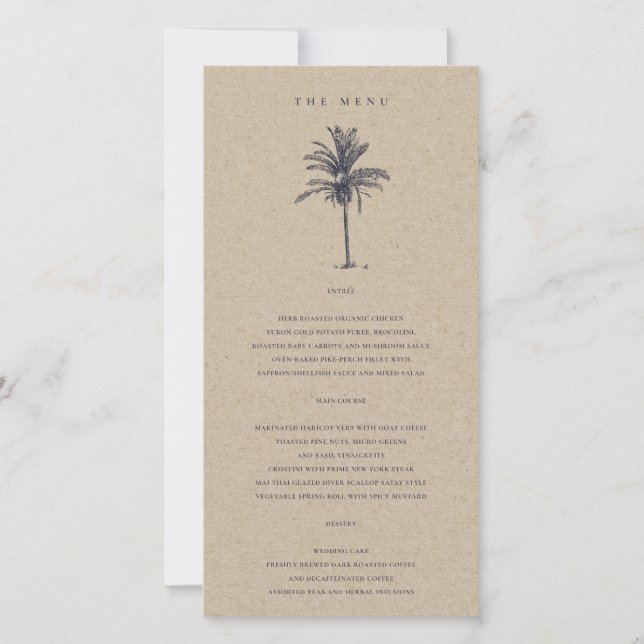 Carte de menu Mariage Tropical Palm Tree Navy Kraf (Devant)