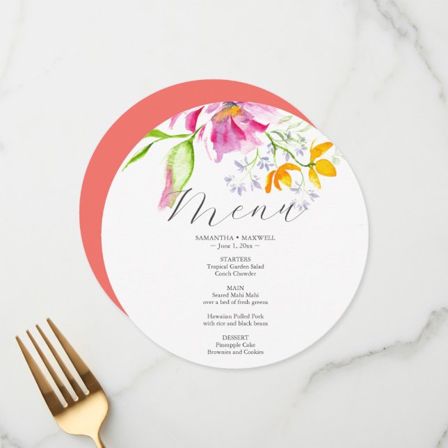 Carte de menu Mariage unique conceptions florales (Devant/Arrière en situation)