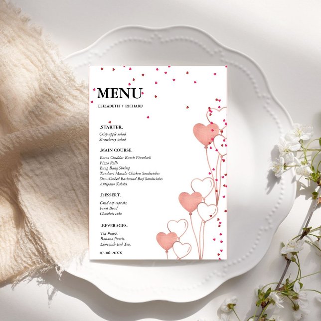 Carte de menu mariage Valentine Heart Fête des mar (Créateur téléchargé)