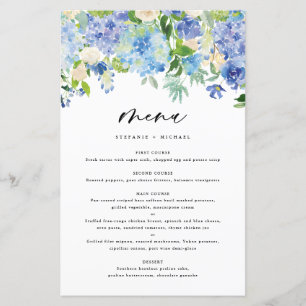 Carte de menu Mariage Watercolor Blue Hydrangeas