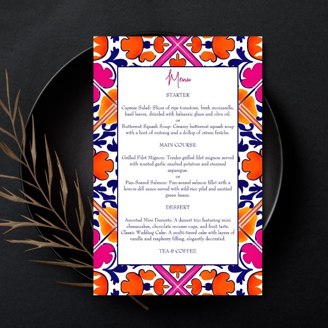 Carte de menu mexicaine vintage Talavera (Pink orange blue folk Talavera Spanish vintage Mexican wedding menu card personalized table decor )