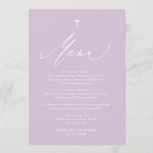 Carte de menu moderne Purple White Cross Girl Bapt