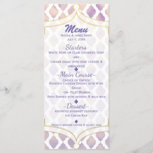 Carte de menu moderne violet or & blanc marocain