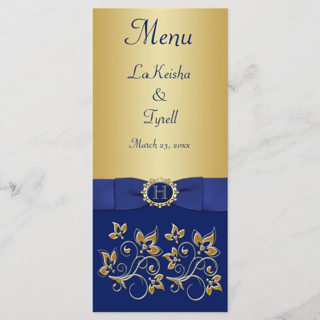 Carte de menu Monogram Blue, Gold Floral (Devant)