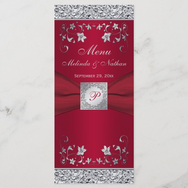 Carte de menu Monogram Red, Silver Foil-LOOK Flora (Devant)