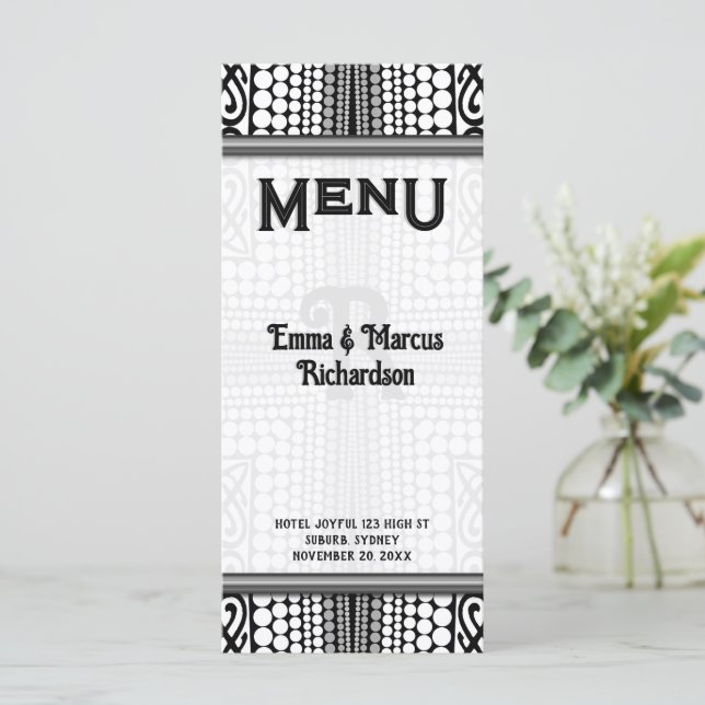 Carte de menu noir et blanc Tribal Urbain Moderne (Debout devant)