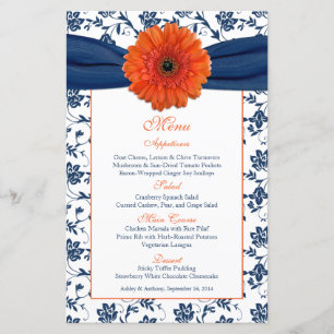 Carte de menu orange Daisy Navy Blue Mariage damas