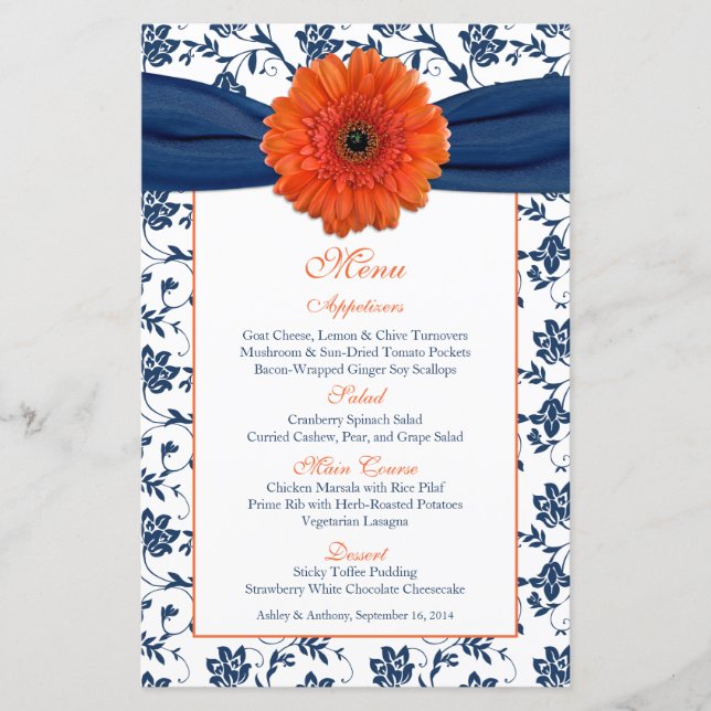 Carte de menu orange Daisy Navy Blue Mariage damas (Devant)