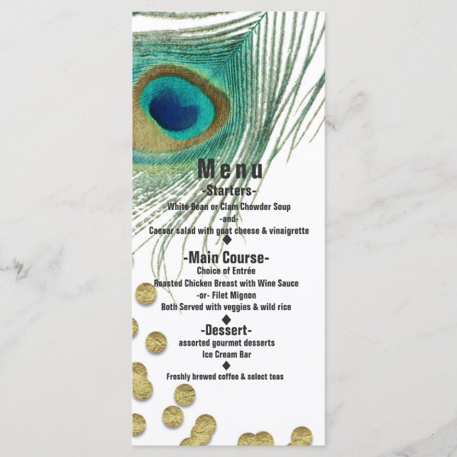 Carte de menu Peacock Feathers & Gold Boho Glam Pa (Devant)