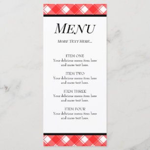 Carte de menu personnalisée à carreaux rouge et bl