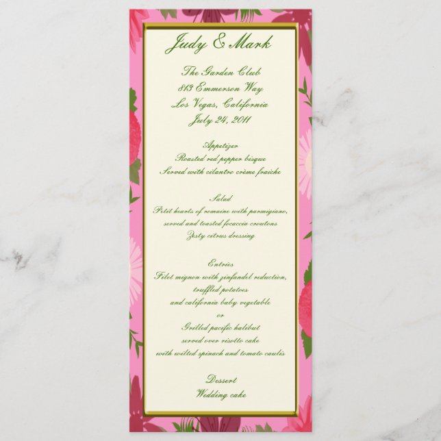Carte de menu personnalisée Fleurs roses (Devant)