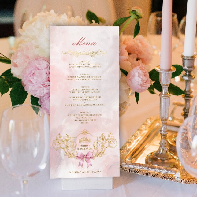 Carte de menu personnalisée Quinceanera Couronne é (Classy Crown Pink Bow Quinceanera Custom Menu Card)