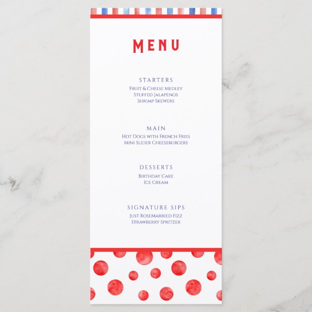 Carte de menu plat d'événement rouge bleu été amus (Devant)