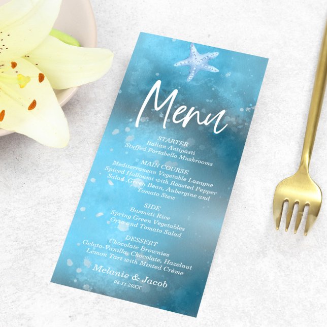 Carte de menu plat Mariage d'été de la mer bleue (Créateur téléchargé)