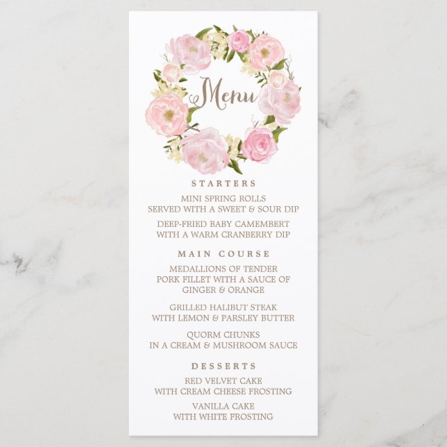 Carte de menu Romantic Blush Pink Peonies Wreath (Devant)