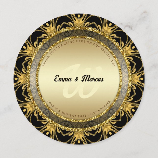 Carte de menu ronde Mariage Black Gold Fireworks (Dos)