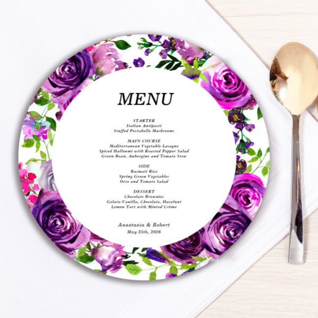 Carte de menu Ronde Romantique Violet Floral (Créateur téléchargé)
