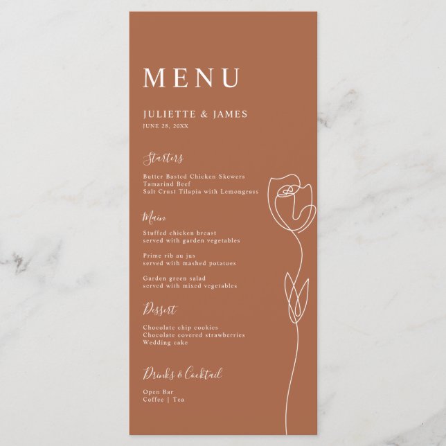 Carte de menu Rose de ligne Whimsical (Devant)