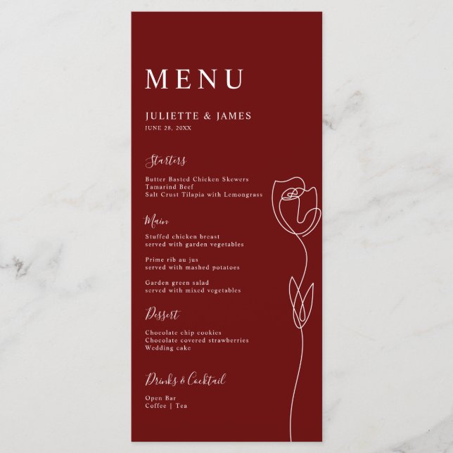 Carte de menu Rose de ligne Whimsical (Devant)