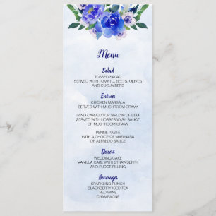 Carte de menu Royal Blue Watercolor Floral Mariage