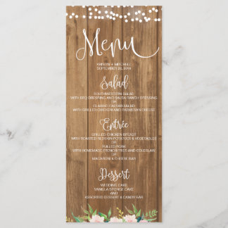 Carte de menu Rustic Rose Floral & Mariage Bois
