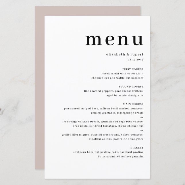 Carte de menu Serif minimaliste noir (Devant / Derrière)