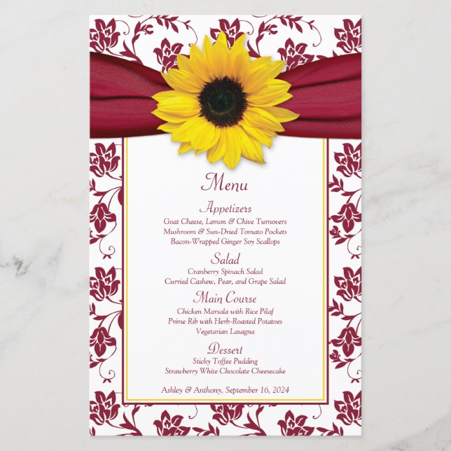 Carte de menu Sunflower Bourgogne White Mariage da (Devant)