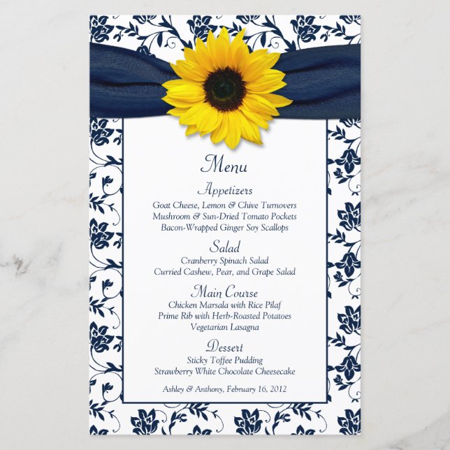 Carte de menu Sunflower Navy Blue White Mariage da (Devant)