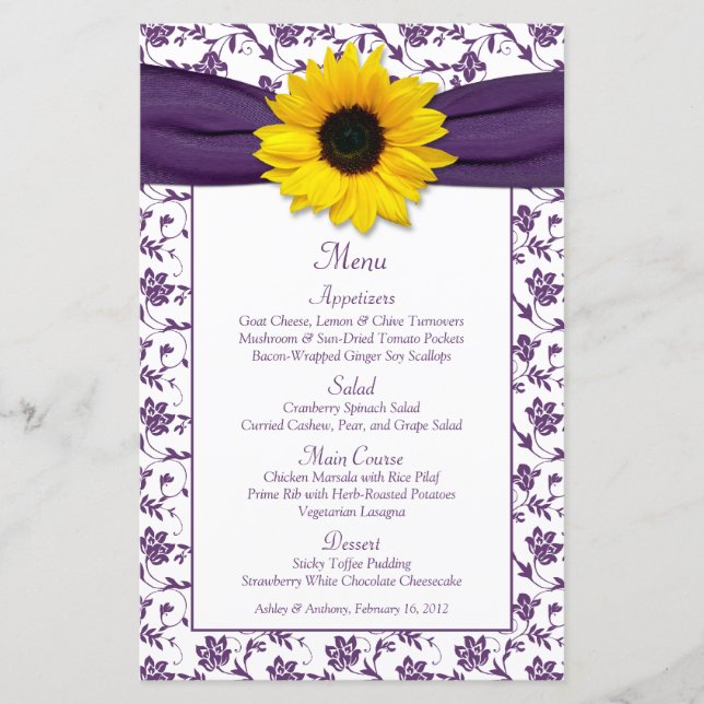 Carte de menu Sunflower Purple White Mariage damas (Devant)