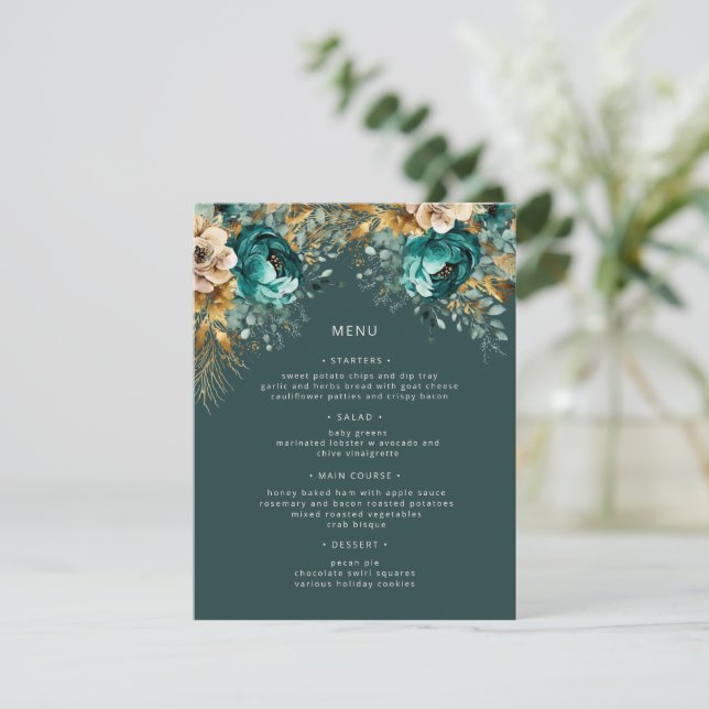 Carte de menu turquoise Gold Luxe Floral Mariage (Debout devant)
