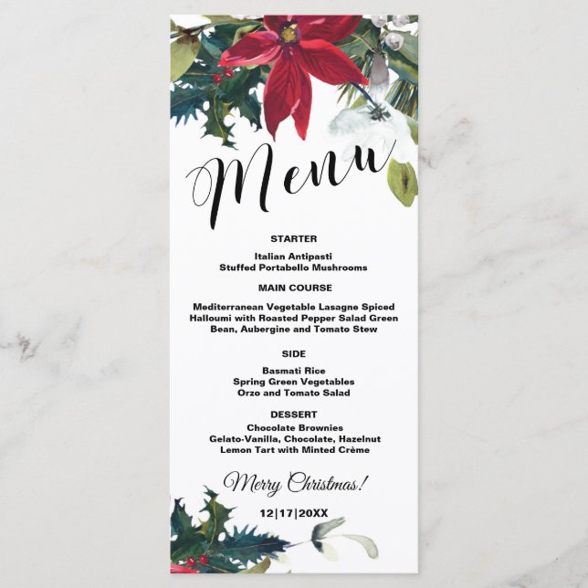 Carte de menu Watercolor Christmas Poinsettia 4x9 (Devant)