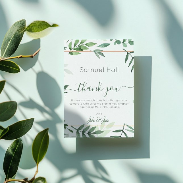 Carte de Merci  de Mariage végétal vert (Wedding photo, green leaves wedding thank you card)